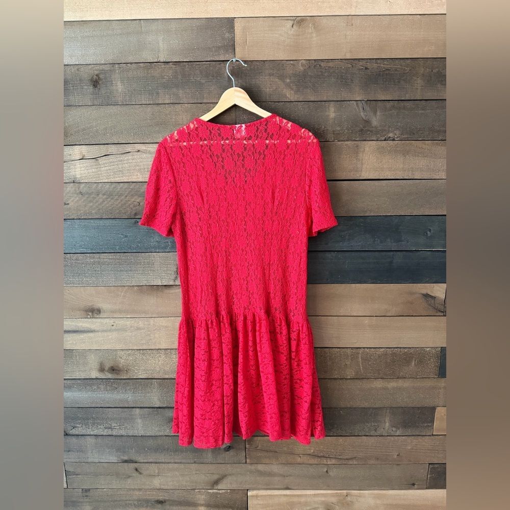 Vintage 90s Lace Dress Diana Marco Red Button Front - Picture 6 of 9